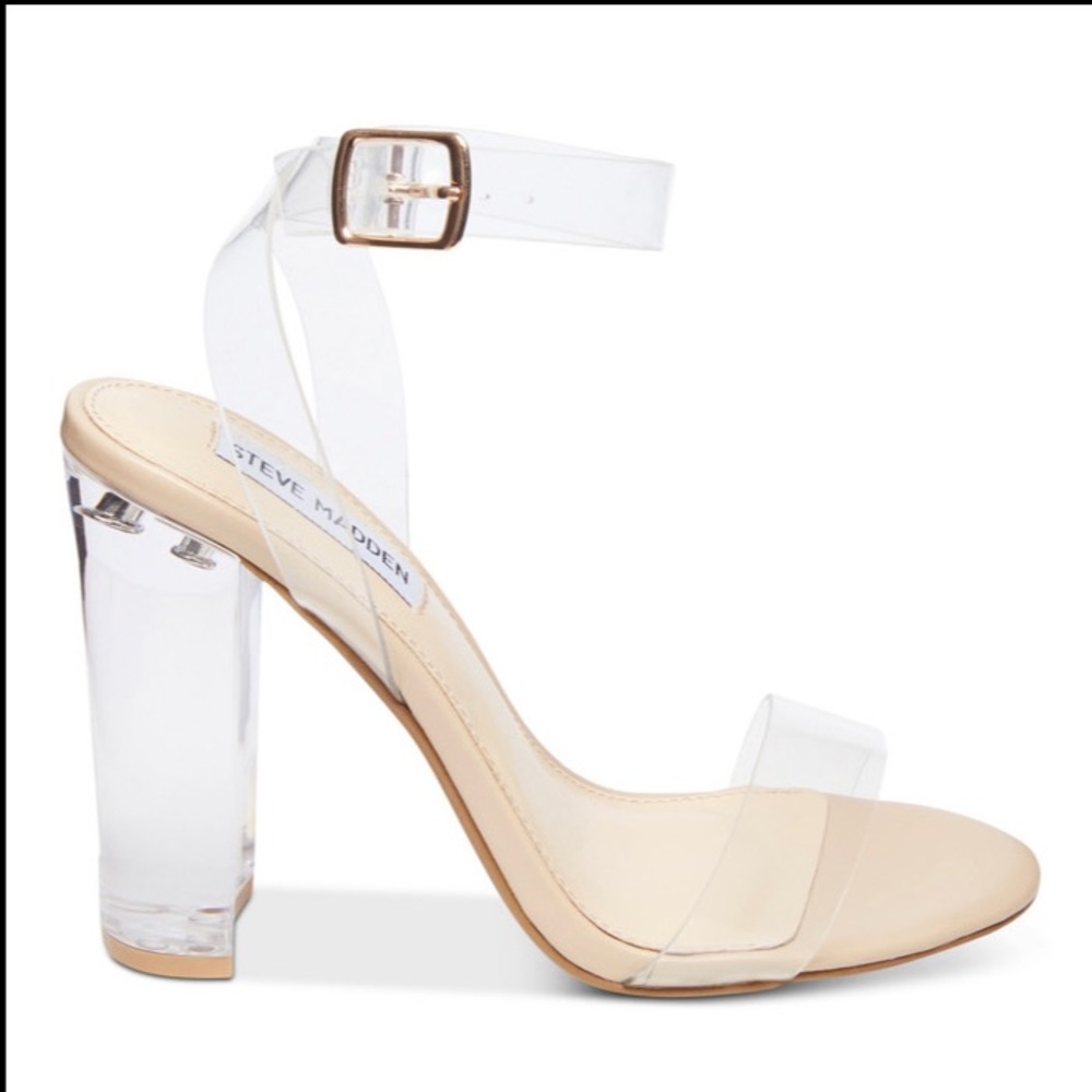 NWT Steve Madden, Camille Clear Ankle Strap Block Heel Dress Sandals